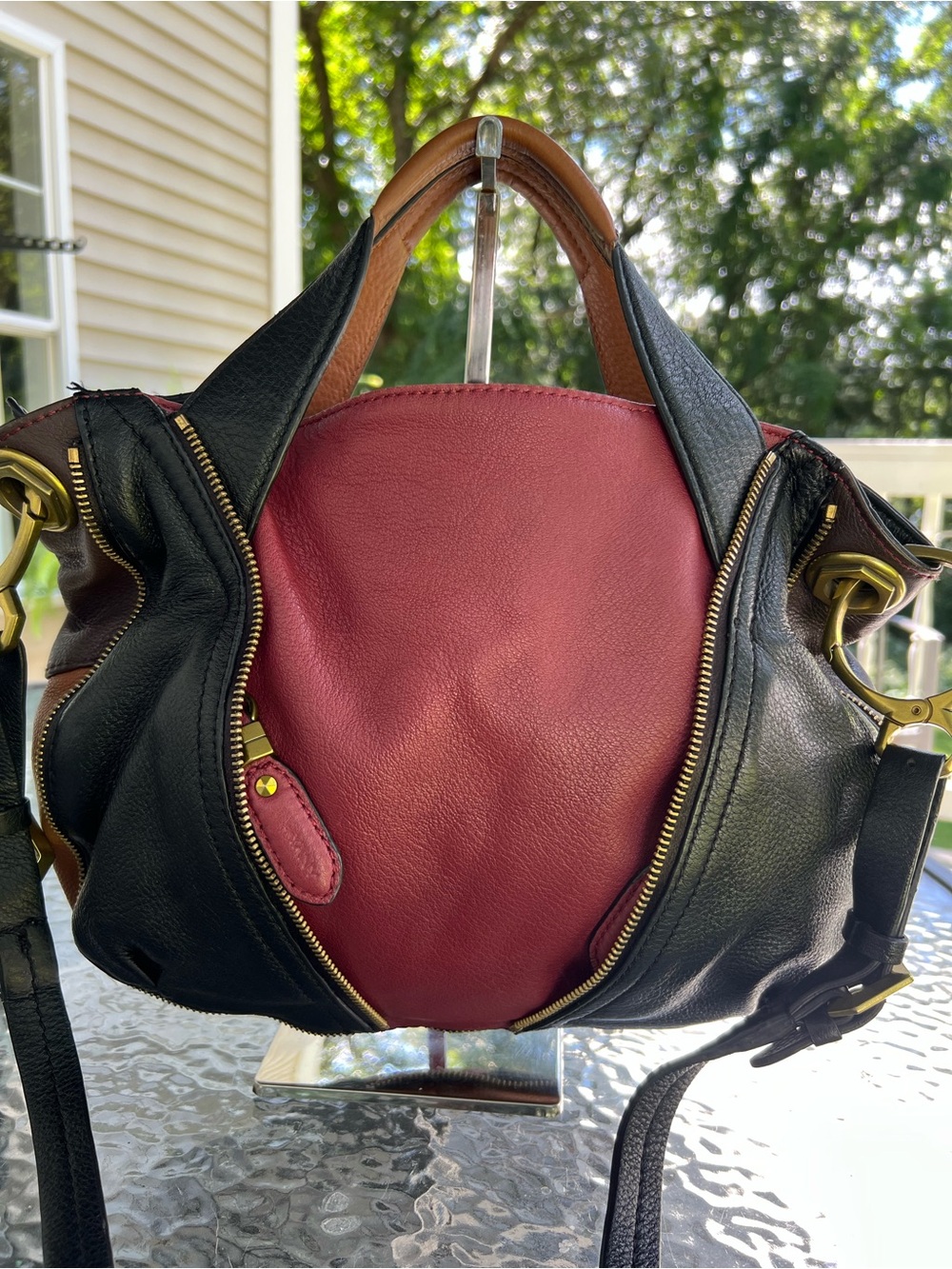 YANY "Lian" Colorblock Pebbled Leather Satchel.
